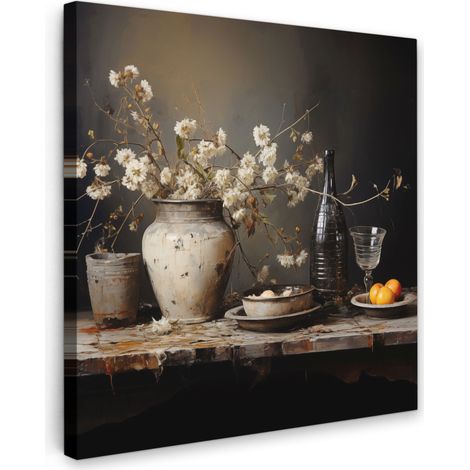 TABLEAU SUR TOILE Nature morte - Fleurs - Bouquet - Vase - Vin Tableau Chambre Adulte 90x90 cm