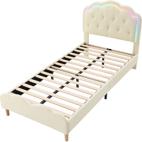Cama infantil acolchada 90x200 cm beige de PU con cabecero ondulado y LED multicolor (1/5)