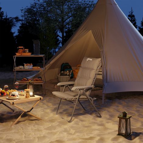 Faltbarer und 5-fach verstellbarer Campingstuhl mit Seitentaschen, 66 x 58 x 105 cm, Hellgrau