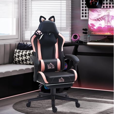 Chaise de bureau gaming avec repose-pied, dossier inclinable 135°, rose et noir HAVRYA (1/3)