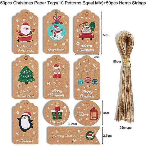 50 étiquettes cadeaux de Noël en papier, pour emballage cadeau DIY, décorations à suspendre au sapin de Noël et décorations du Nouvel An. Lot de 9.