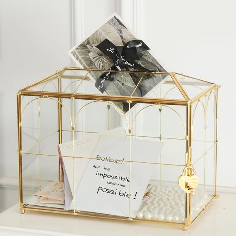 Boîte à cartes de mariage en verre avec fente, grande boîte à cartes transparente, boîte de rangement pour cartes cadeau en laiton doré avec serrure, parfaite pour les réceptions de mariage (1/5)