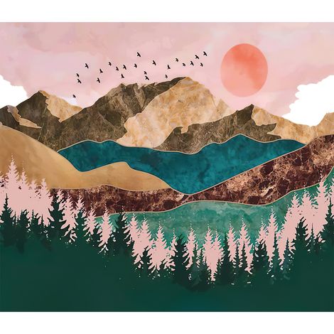 tapisserie murale abstraite représentant une montagne, une forêt, un coucher de soleil et un paysage naturel. (1/5)