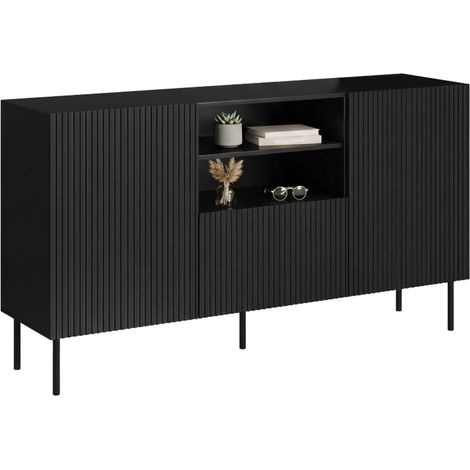 Aparador Malo, Aparador de salón con dos puertas batientes, un cajón y dos compartimentos abiertos, diseño efecto estriado, 150 x 42 h 82 cm, color negro