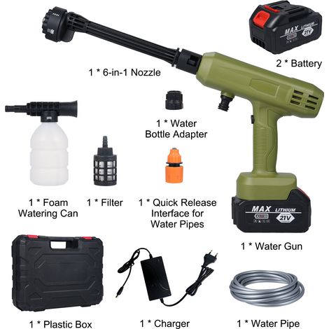 Pistolet à eau électrique nettoyeur haute pression sans fil 2 pièces batterie 21 V 3000 mAh avec buse 6 en 1 pour voitures, mur, route, clôture, lavage de cour, fleurs. (1/5)