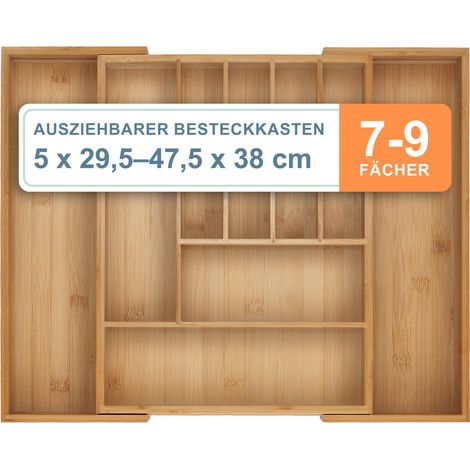 Relaxdays Besteckkasten, 7–9 Fächer, ausziehbarer Besteck Schubladeneinsatz, HxBxT: 5 x 29,5-47,5 x 38 cm, Bambus, natur