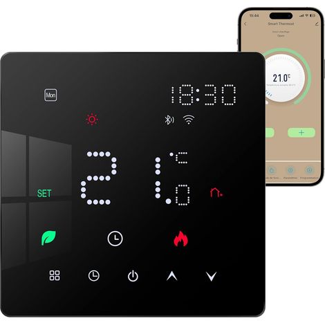 Termostato eléctrico para suelo radiante con sensor, termostato inteligente para dormitorio con conexión WiFi, compatible con Tuya, Alexa y Google Assistant, pantalla táctil digital negra de 16 A.