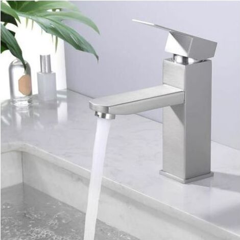 Robinet Salle de Bain Brossé Mitigeur Lavabo Gris Chaud & Froid Réglable, Robinet Lavabo avec Poignée Carré (1/5)