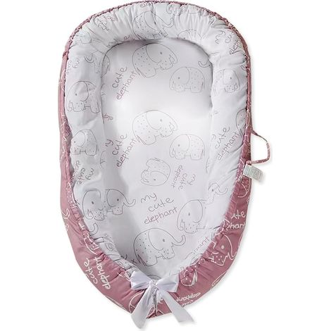 Portable Baby Cot Reducer, Cocoon Newborn Soft Breathable Travel Moses Basket with 100% Cotton Reversible Washable Cover, 88 x 53 cm (Pink-Elephant) (1/5)