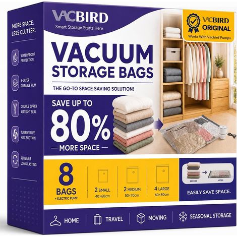 Sac Rangement Sous Vide Aspirateur, Ensemble De 8 (4 Grands, 2 Moyens, 2 Petits), Sac de Rangement Sous Vide Pour VêTements, Couvertures, Oreillers, Voyage, Draps, Jouets en Peluche (1/5)