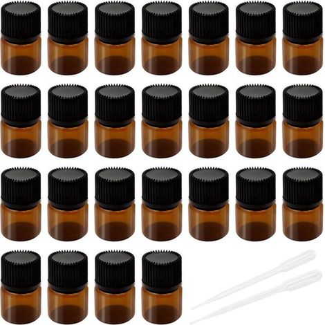 25 flacons compte-gouttes en verre brun de 2 ml pour huiles essentielles - Idéal pour l'aromathérapie, les spas, les massages, le stockage des huiles et comme accessoire. (1/5)