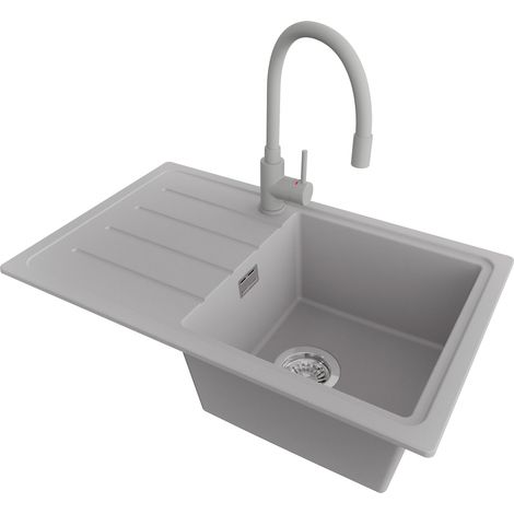 PRIMAGRAN Evier Cuisine en Granit 70x44cm,Lavabo 1 bac + Robinet 38x14cm + Kit de Vidage, Évier à Encastrer au meuble 45cm - Copenhague Easy, Gris (1/5)