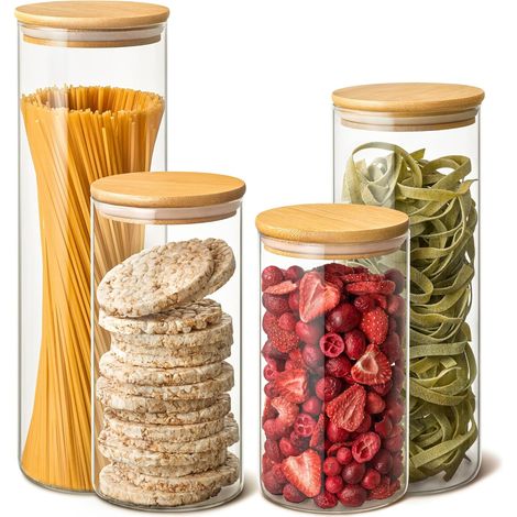 Bocal En Verre - Lot De 4 - Couvercle Bambou - Hermétique - Rangement Cuisine - 2200ml À 1300ml (1/5)