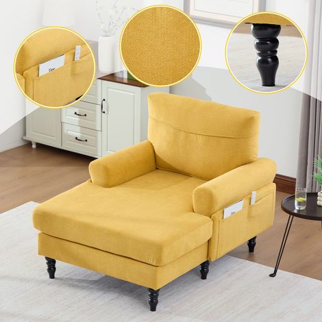Canapé 1 place tissu chenille minimaliste avec pieds bois, poches rangement, dossier confortable pour salon chambr 125,5x97x86cm - jaune moutarde (1/5)