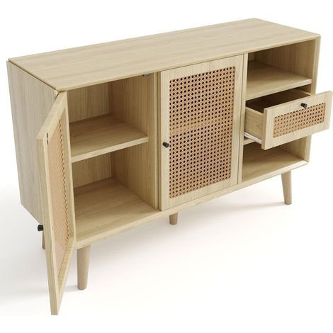 Sideboard in MDF effetto rovere con 1 cassetto, 2 ante rattan e maniglie nere (1/5)