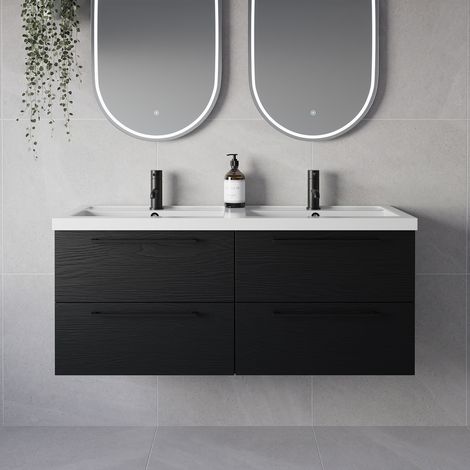 Napoli 390 Nero Oak 1200mm Wall Mounted 4 Drawer Vanity Unit with Double Lucia Basins - 1200mm - Matt Black 320mm Handle