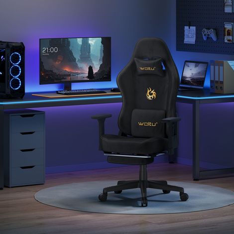 WOLTU Gaming Stuhl Ergonomischer Bürostuhl, Drehstuhl mit Lendenkissen Kopfkissen Fußstütze, Computerstuhl mit verstellbare Rückenlehne, Atmungsaktiver Wildlederimitat, Schwarz