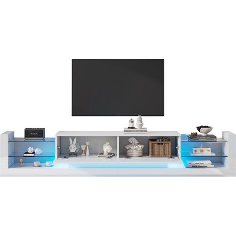Meuble TV brillant avec éclairage LED 181 cm, pour téléviseurs jusqu’à 80 pouces, façade en verre et deux tiroirs rabattables