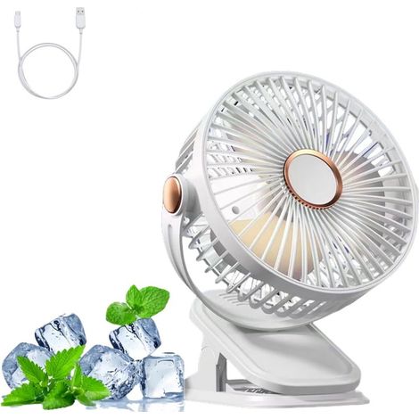 Ventilateur pince portable 5 vitesses USB avec veilleuse camping bureau silencieux rechargeable blanc compact (1/5)
