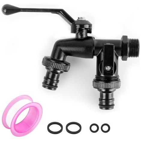 Double garden tap, 1/2" in black brass, with two 3/4" outlets. Rust and frost resistant. For irrigation, washing machine, and car washing. (1/5)