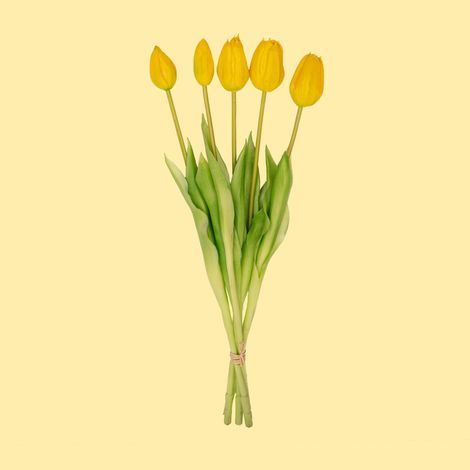Bouquet de 5 Tulipes Artificielles Jaunes Real Touch Aspect Naturel Déco Intérieur 42 cm - PANGIVO (1/5)