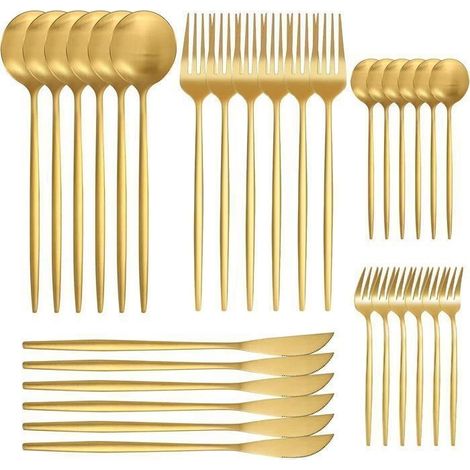 (Gold) Essgeschirr für 6 Personen, 30-teiliges Edelstahl-Besteckset mit Messer, Gabel und Löffel. (1/5)