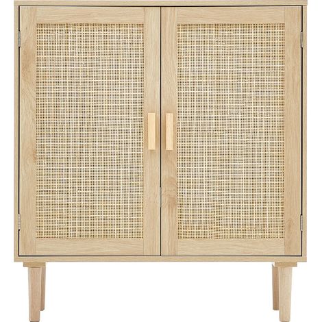 Buffet en rotin naturel avec 2 portes magnétiques et étagères réglables, idéal pour un couloir, une entrée, un salon ou une cuisine. (1/5)
