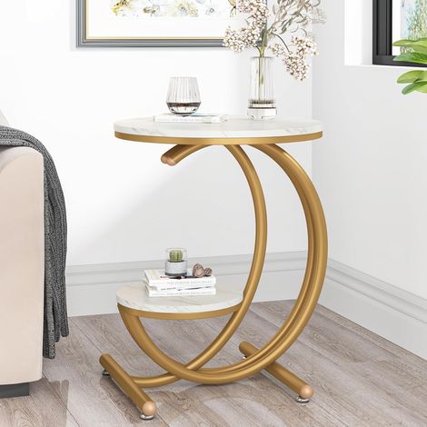 Tribesigns – Table d'appoint ronde imitation marbre 50 cm – 2 niveaux avec étagère de rangement – Ambiance industrielle chic – Pour salon et chambre
