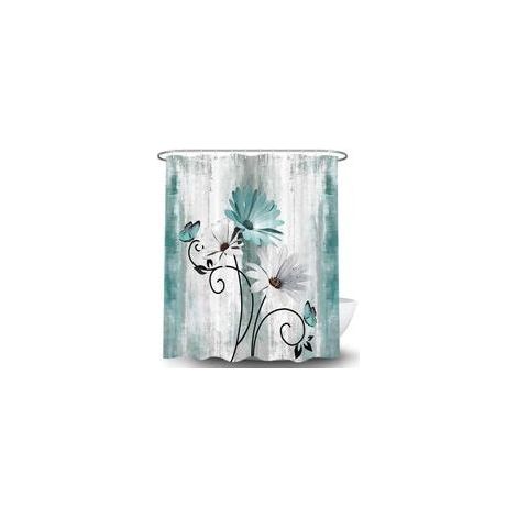 Rideau de douche vert style ferme avec imprimés de marguerites et de papillons, bleu (1/5)