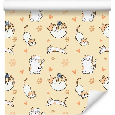 Papier peint crème et blanc à motifs de chats pour salon et chambre, 50 x 1000 cm (1/5)