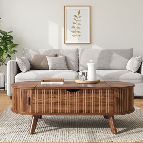 Table Basse Ovale Relevable avec Rangement, Table de Salon Multifonction Design Vintage, Plateau MDF Effet Bois, Pieds en Bois, Table D'Appoint Moderne, Noyer (1/5)