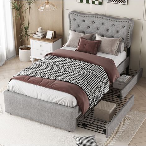 Letto imbottito 90x200 cm con cassetti e comodino imbottito quadrato con borchie decorative, grigio (1/5)