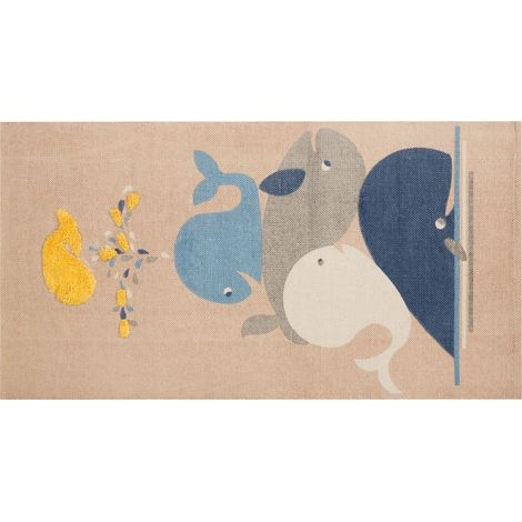 Alfombra de algodón beige amarillo blanco azul 80 x 150 cm ballenas Seai