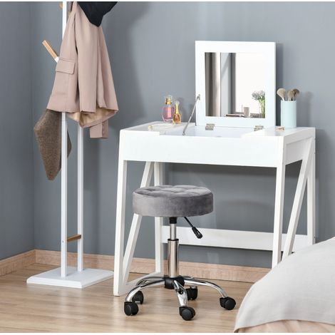 Salonhocker aus Polyester Hellgrau, höhenverstellbar, drehbar mit 360°-Rollen, Ø35 x 49-61 cm (1/5)