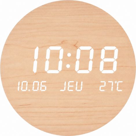 Horloge murale LED numérique ronde rechargeable couleur bois avec thermomètre et calendrier rechargeable réf 4670 22 × 20,5 × 3,5 cm 1,5 kg – Livraison gratuite