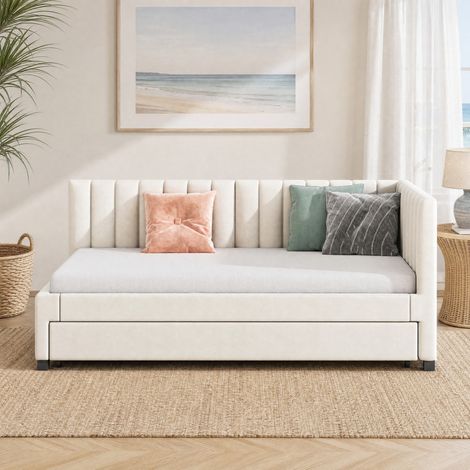 Divano letto estraibile 90x200 cm beige in legno e velluto, senza materasso (1/5)