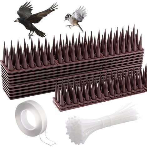 Plastic anti-pigeon spikes for cats, squirrels, birds, raccoons, 45 x 4 cm, Insect and animal repellent with fasteners and nanoglue, Pack of 12 - Brown (1/5)