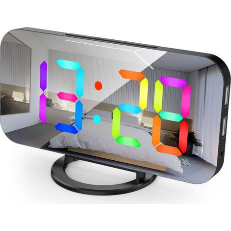 Digitaler Spiegelwecker mit dynamischer RGB-LED-Beleuchtung, Schlummerfunktion, USB-Ladeanschluss und 12/24-Stunden-Zeitanzeige