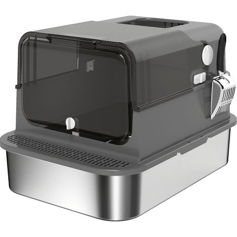 Litière pour chat XXL en acier inoxydable 52 L avec couvercle, double entrée, anti-fuites, pour grands chats et foyers multi-chats  CHICFURN (1/5)