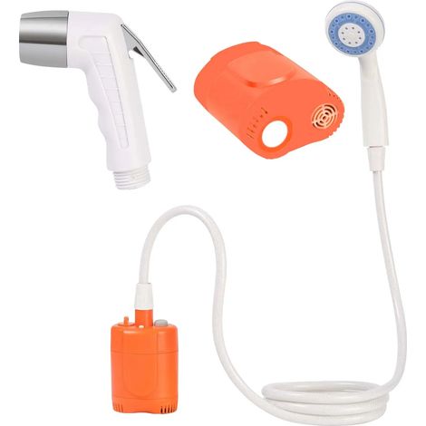 Douche de camping portable (orange) avec tuyau et pulvérisateur, pompe de douche électrique rechargeable pour l'extérieur, idéale pour le nettoyage des animaux et la douche. (1/4)