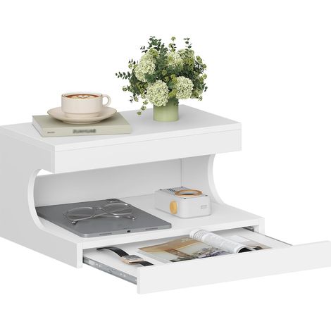 Table de Chevet Suspendue, Étagère Table de Nuit Murale avec Plateau Coulissant, Compartiment Ouvert, Moderne, pour Chambre à Coucher, Salon, Blanc (1/5)