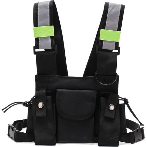 Gilet porté en harnais de poitrine vestimentaire urbaine avec poche pour talkie-walkie, noir avec bandes réfléchissantes, pour secours extérieur et sécurité publique. (1/5)
