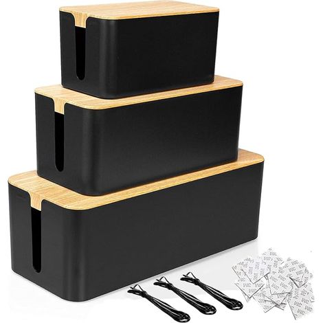 SENENQU Lot 3 Boîte Cache Câble Noir, Grand Boîte de Rangement Câbles Electriques avec Bois Couvercle, Boite Cache Prise Multiprise pour Protection de Câble et Prise Electriques (1/5)