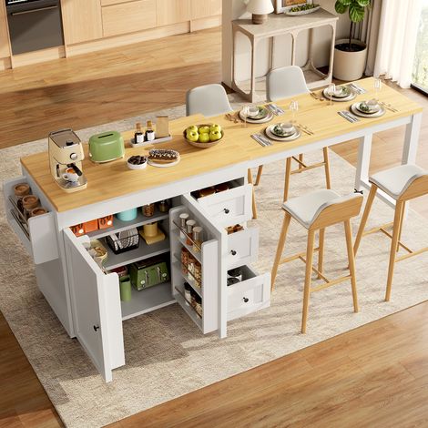 Îlot de cuisine extensible 116-179,5x45x89 cm avec rangement, plateau 69,5 cm, 3 tiroirs, étagères latérales, roulettes, MDF et métal, Blanc