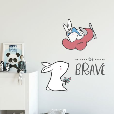 Sticker Autocollant Chambre Enfants Lapins, Avion et Fleurs, 68x24cm (1/2)
