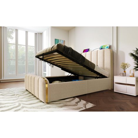 Polsterbett 90x200 cm aus beigem Leinen mit Stauraum und USB, ohne Matratze – MEUBLIV (1/5)