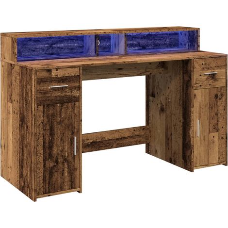 Bureau table poste de travail meuble d'ordinateur informatique étude avec lumières LED vieux bois bois d'ingénierie brun