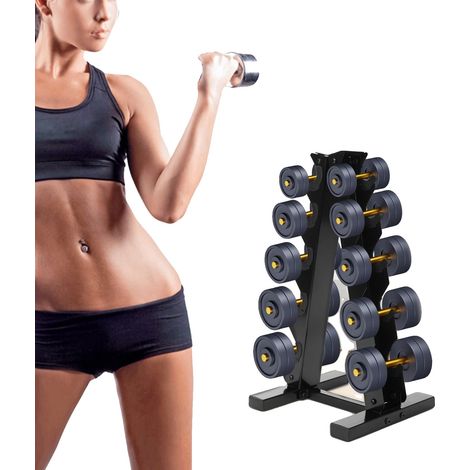 Soporte para mancuernas de 5 niveles, construcción de acero, capacidad de carga de 100 kg, montaje independiente, apto para todo tipo de mancuernas. (1/5)