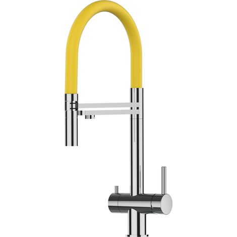 Rubinetto 3 vie miscelatore lavello cucina VIZIO in Acciaio INOX Lucido - Canna gialla movibile e doccia due getti staccabile - ACCIAIO CHIRURGICO AISI 316 (1/5)