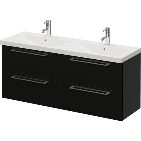 Napoli 390 Matt Black 1200mm Wall Mounted 4 Drawer Vanity Unit with Double Glide Basins - 1200mm - Chrome 320mm Handle